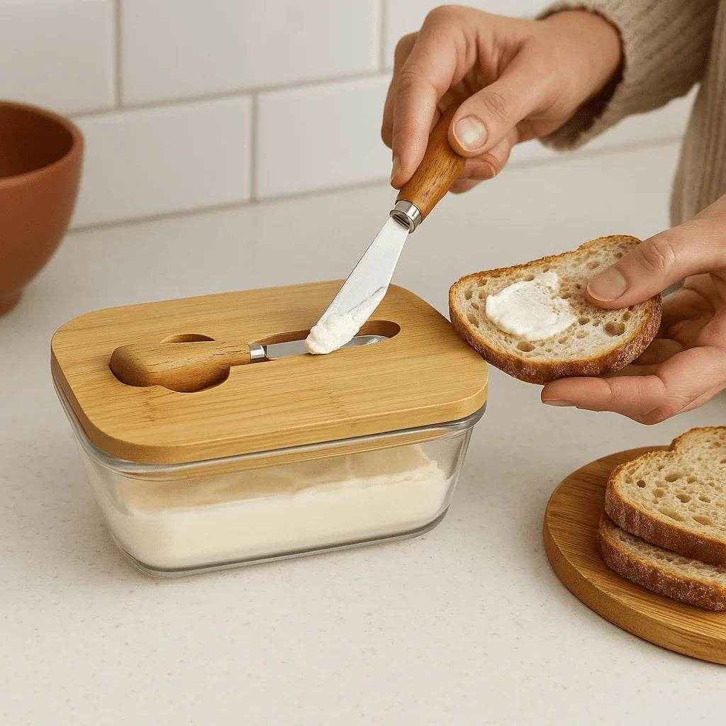 Manteigueira de Vidro com Tampa e Faca de Bambu Alidolado - Alidolado