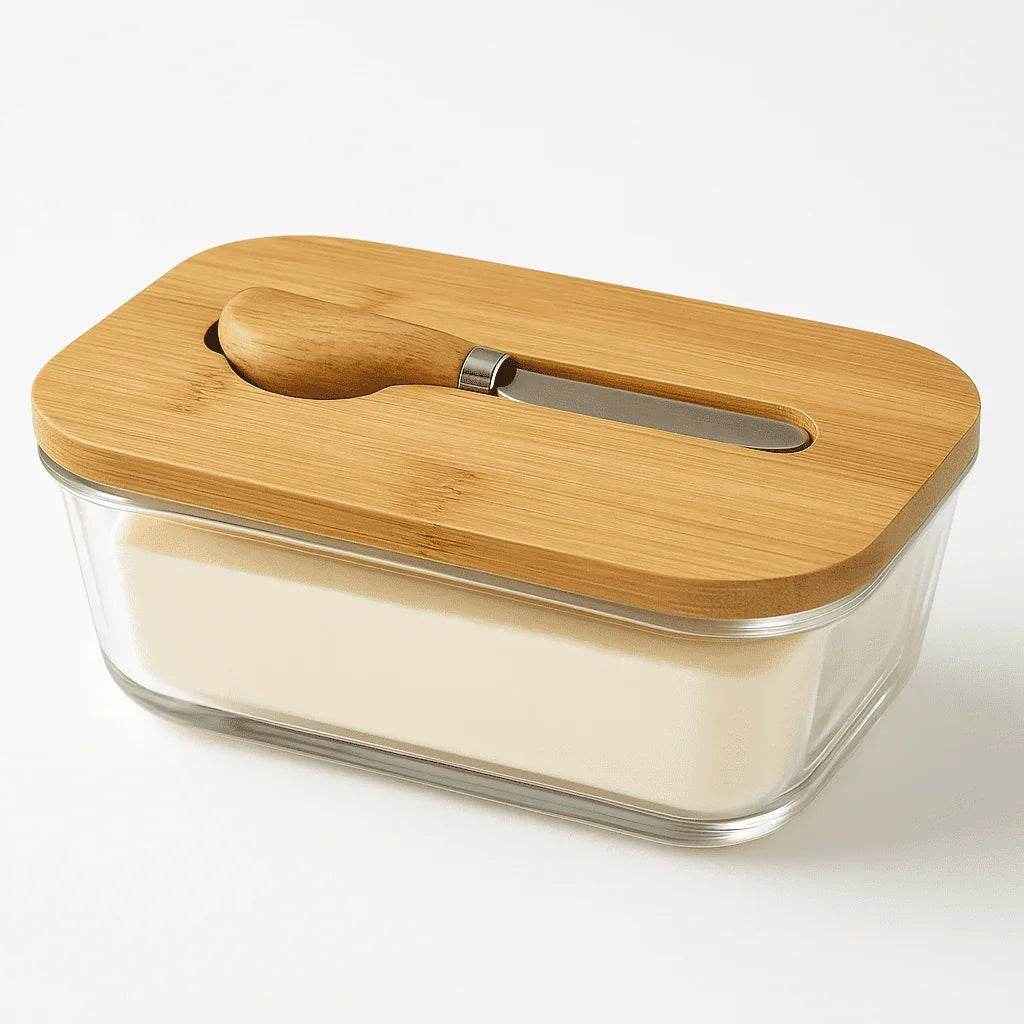 Manteigueira de Vidro com Tampa e Faca de Bambu Alidolado - Alidolado