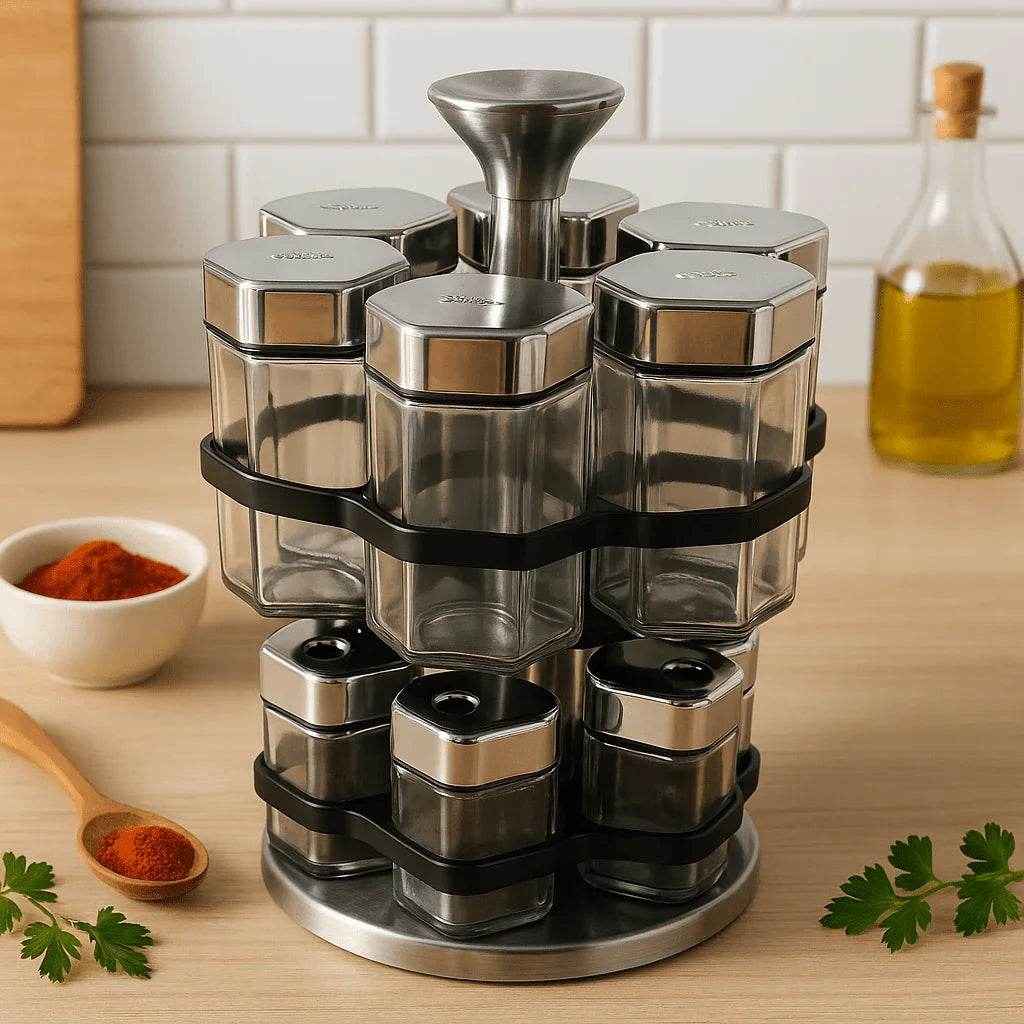 Porta Temperos Giratório com Potes de Vidro Alidolado - Alidolado