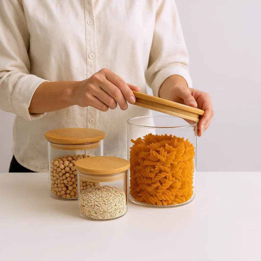 Kit de Potes Herméticos Redondos Tampa de Bambu 3 Peças Alidolado - Alidolado