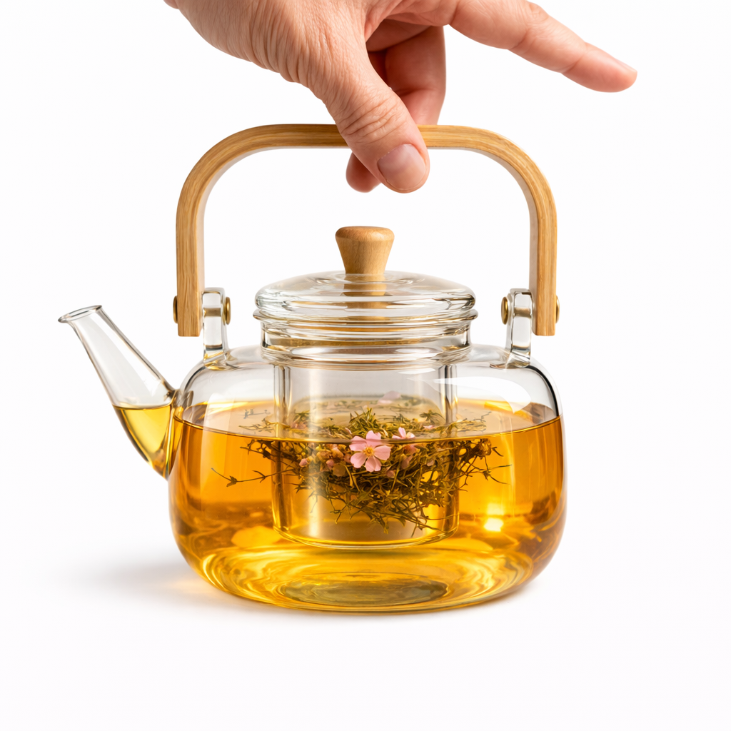 Chaleira Bule de Vidro 1000ML com Alça em Bambu