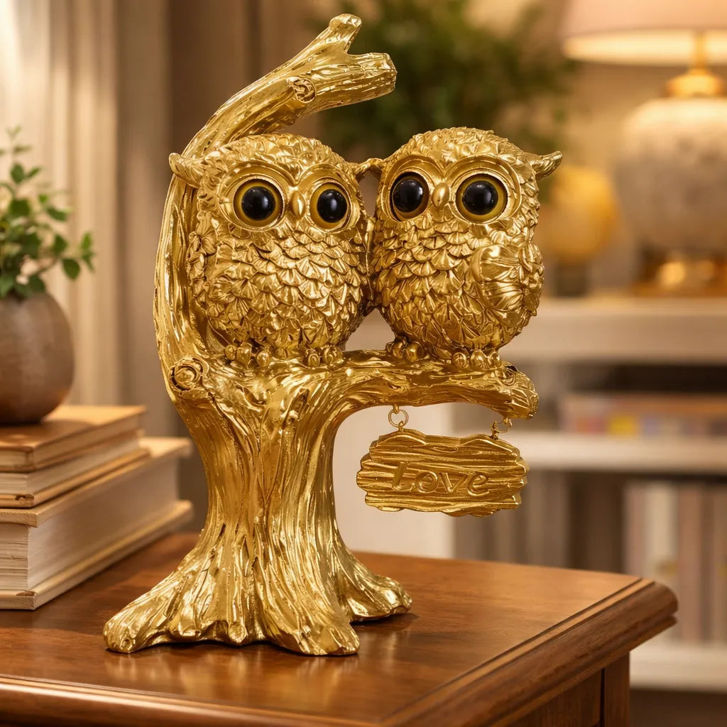 Escultura Decorativa Corujas do Amor na Árvore em Resina
