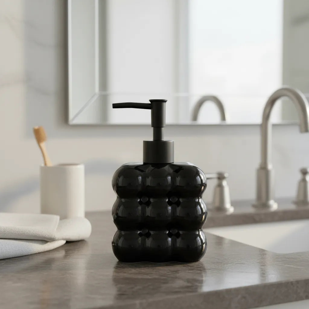Dispenser de Vidro Preto Bolha com Bico Preto Fosco