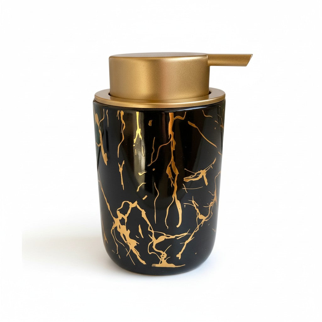 Dispenser de Sabonete Cerâmico Preto/Branco Marmorizado com Tampa Dourada