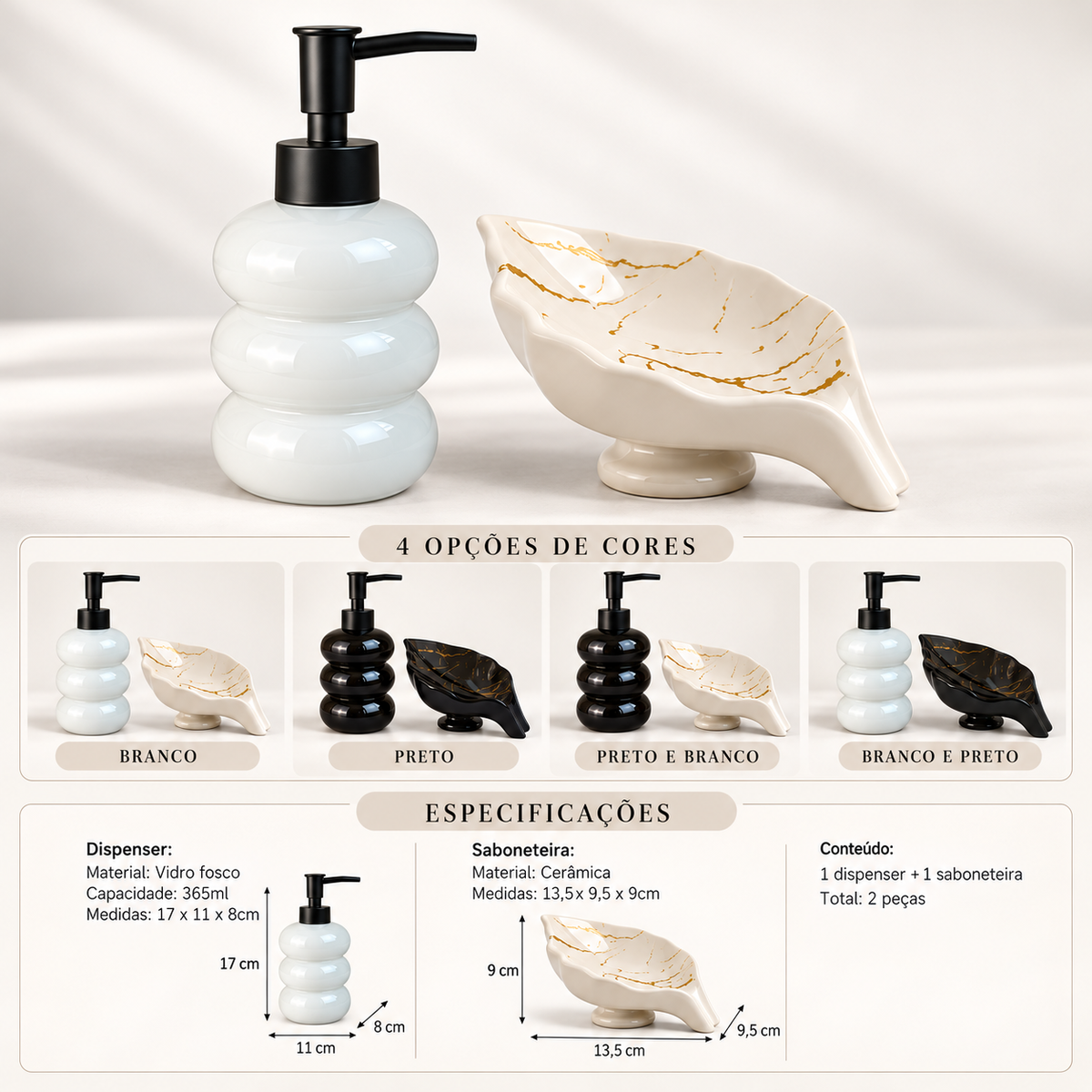 Kit Banheiro Dispenser Vidro Fosco 365ml com Saboneteira Cerâmica Preto ou Branco 2 Peças