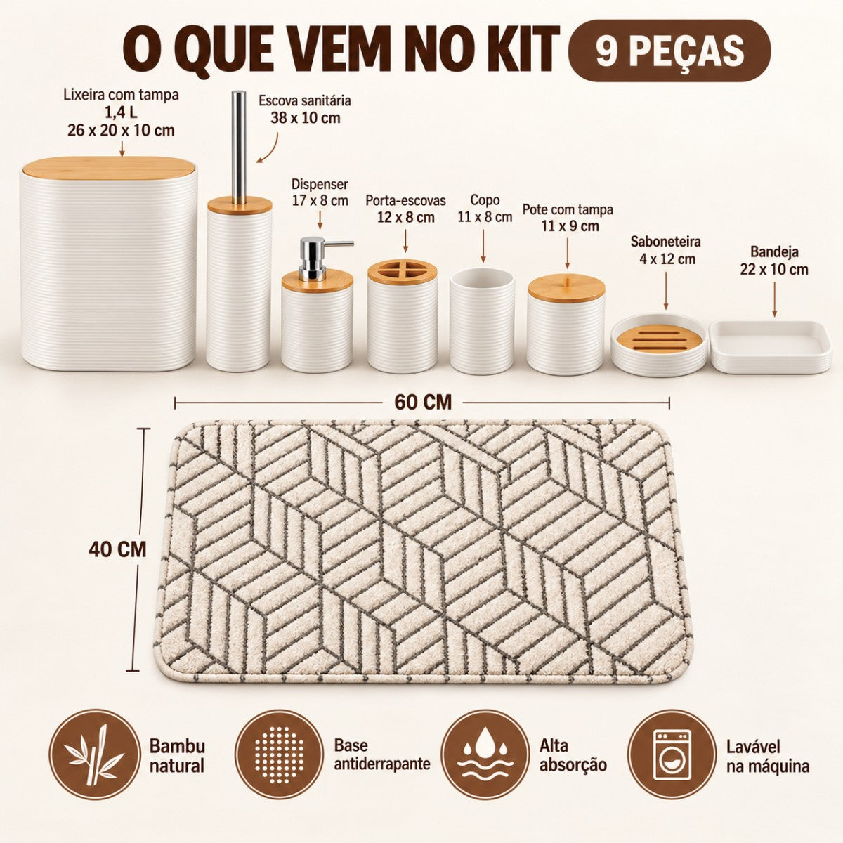 Kit Banheiro Completo com Tapete Antiderrapante 9 Peças Bambu Lixeira Dispenser Bandeja Lavabo