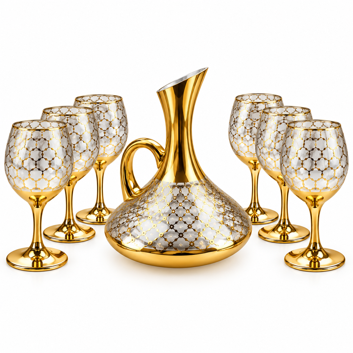 Conjunto Jarra Decanter de Vidro 1,5L Dourado com 6 Taças Decoradas Luxo Diversos Modelos