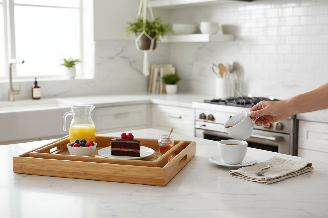 Alidolado bamboo serving tray with gold trim, featuring a slice of chocolate cake and a cup of coffee.