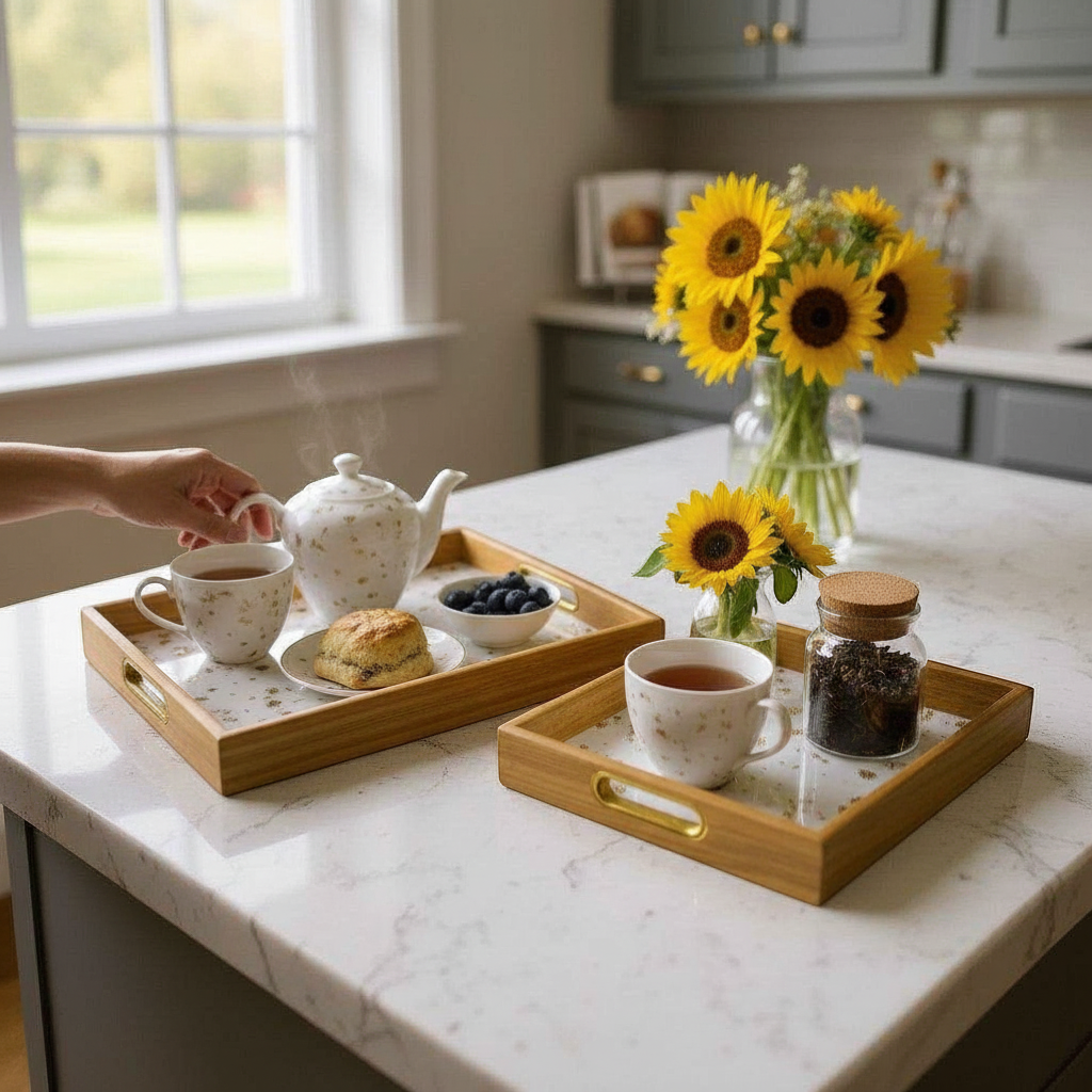 Alidolado bamboo serving tray with gold accents and white speckled insert, featuring cut-out handles.