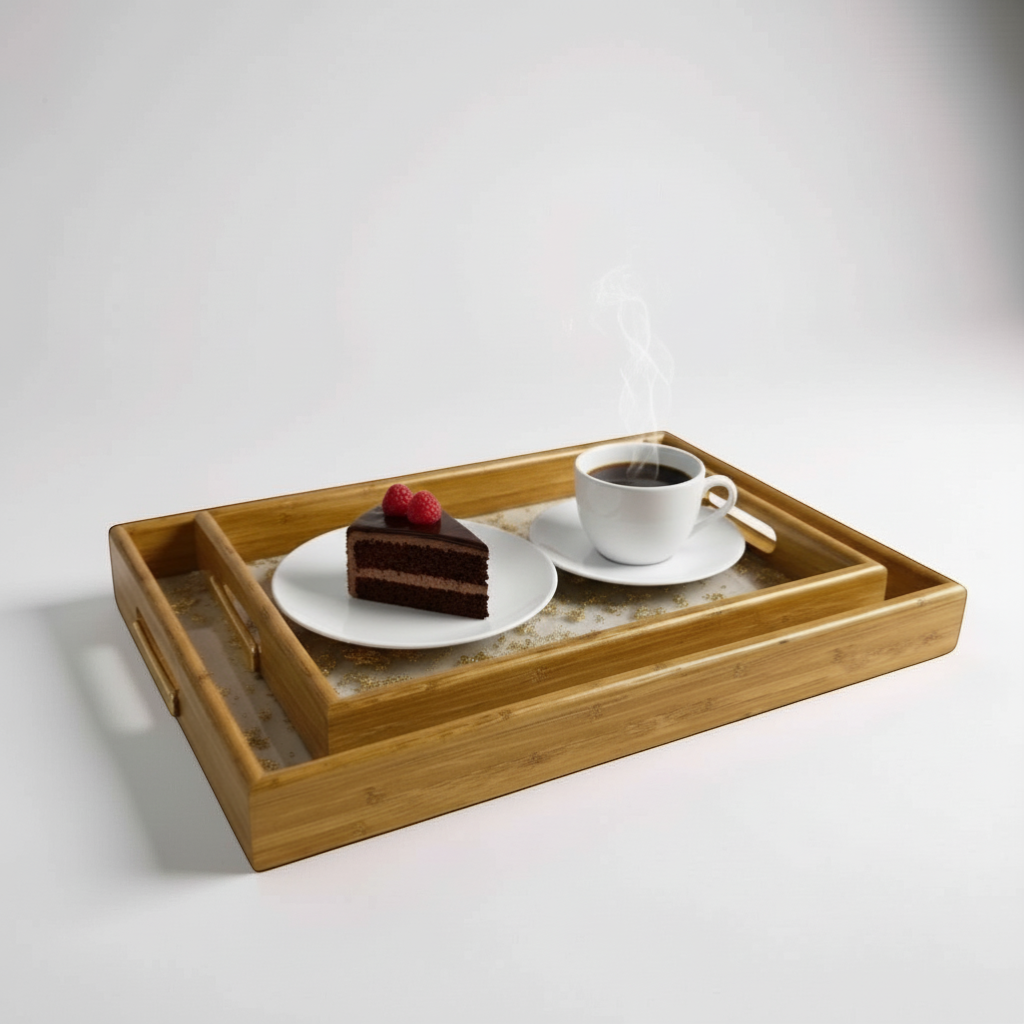 Alidolado bamboo serving tray with gold flecked inlay and cut-out handles. Rectangular shape.