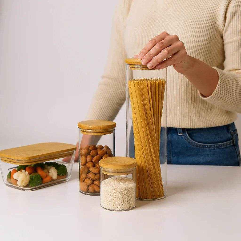 Kit de Potes Herméticos com Bowl Tampa de Bambu Alidolado