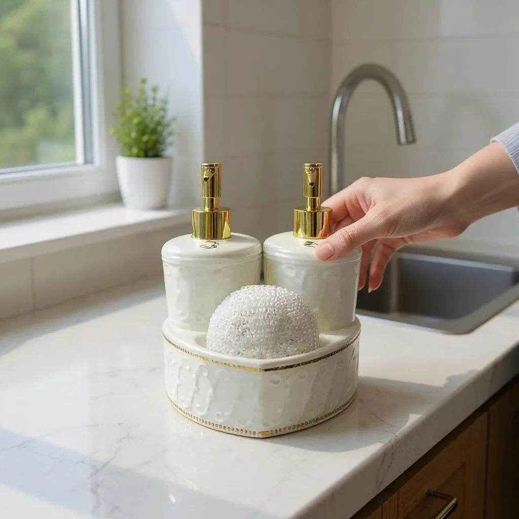 Jogo para Banheiro Cerâmica Branco com Dourado Alidolado - Alidolado