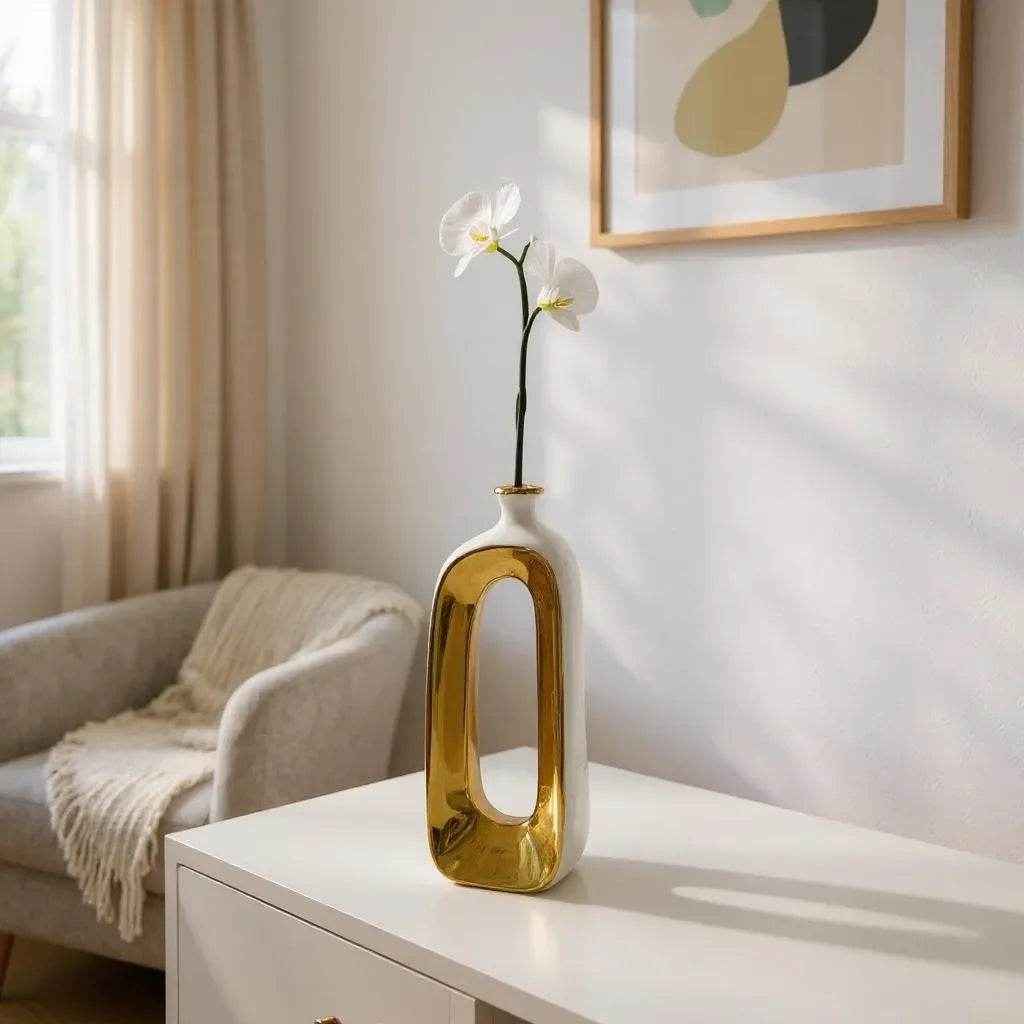 Vaso com Abertura Oval e Detalhes Dourados Alidolado