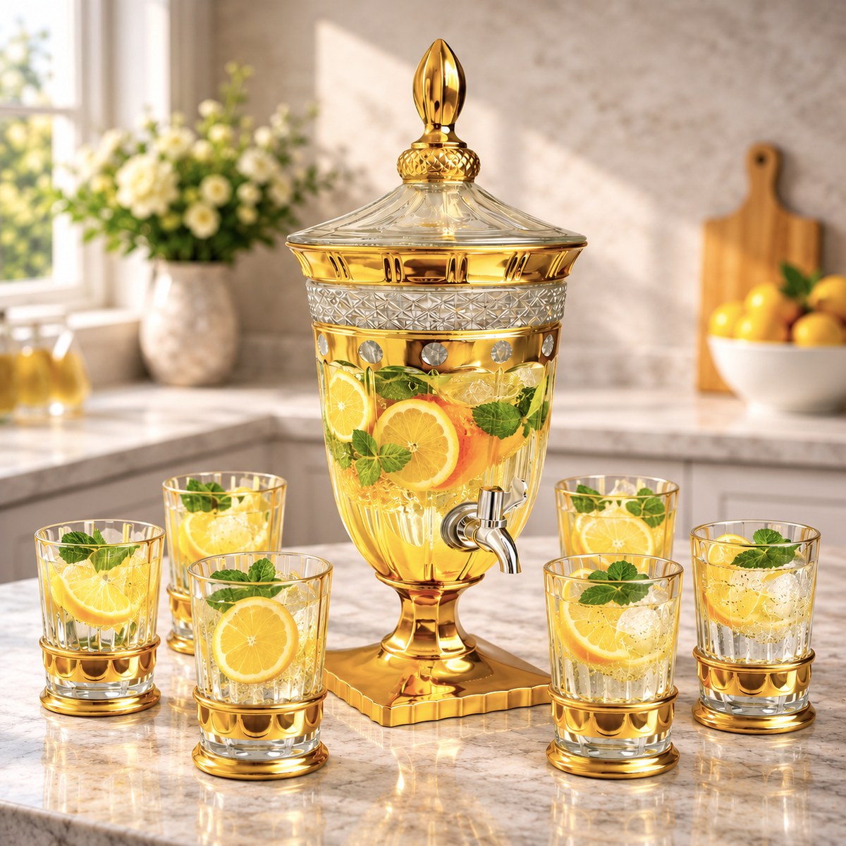 Suqueira de Vidro 2L com Torneira e Copos 150ml Dourados Kit 4 ou 6 Copos Dispenser de Suco Luxo Estilo Turco