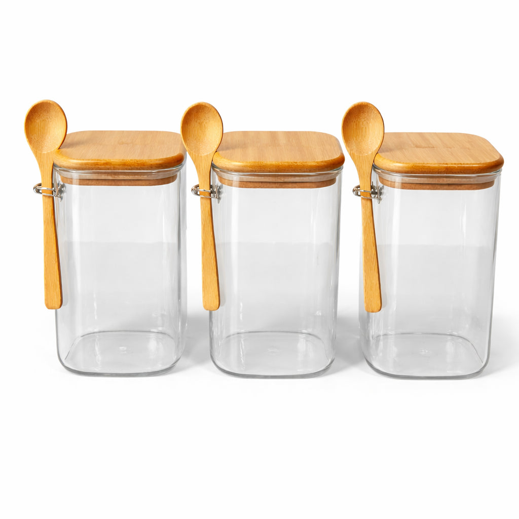 Potes Herméticos de Vidro Kit 3 unidades 1000ml com Tampa de Bambu e Colher Porta Mantimentos