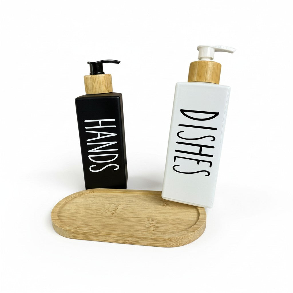 Kit Banheiro Minimalista Vidro Preto e Branco com Tampa e Base em Bambu