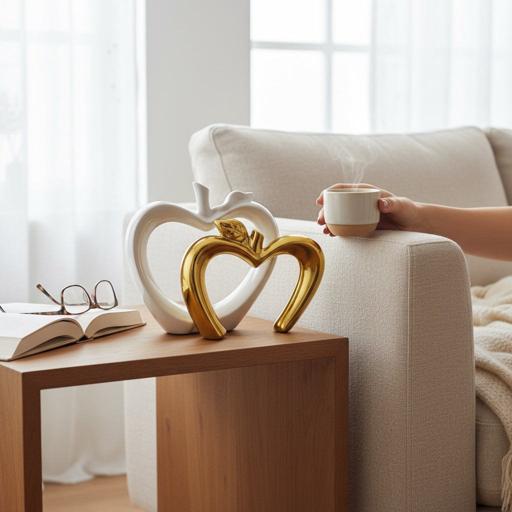 Escultura Decorativa Maçã em Cerâmica Branco com Dourado