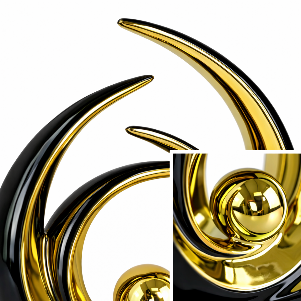 Escultura Abstrata Decorativa Dourada com Base Preta em Cerâmica
