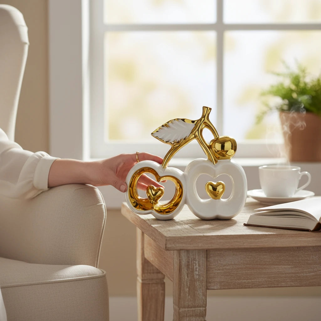 Escultura Cerejas Decorativas Cerâmica Brancas