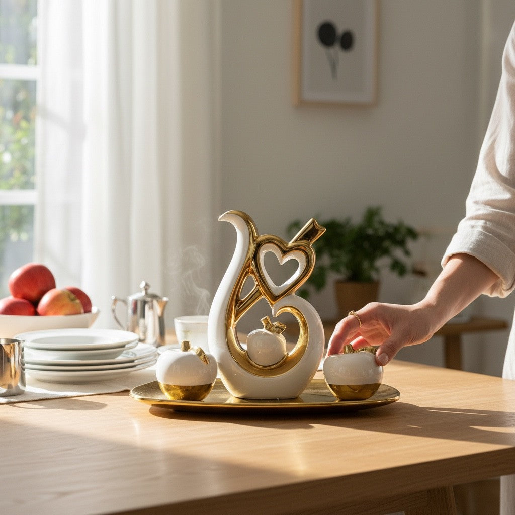 Conjunto de Esculturas Decorativas Frutas em Cerâmica com Detalhes em Dourado ou Prata para Casa