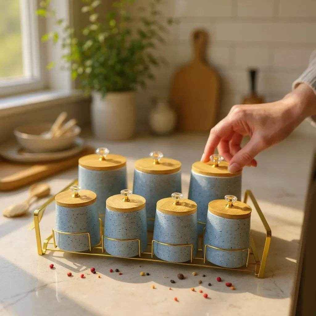 Conjunto de Cerâmica Azul com Bandeja de Madeira Alidolado - Alidolado