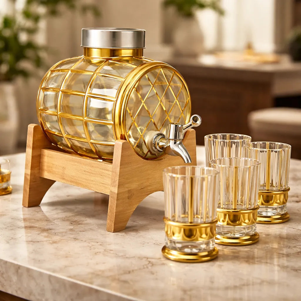 Conjunto Barril Suqueira Filtro 3L Vidro Dourado e 4 Copos 150ml Turco