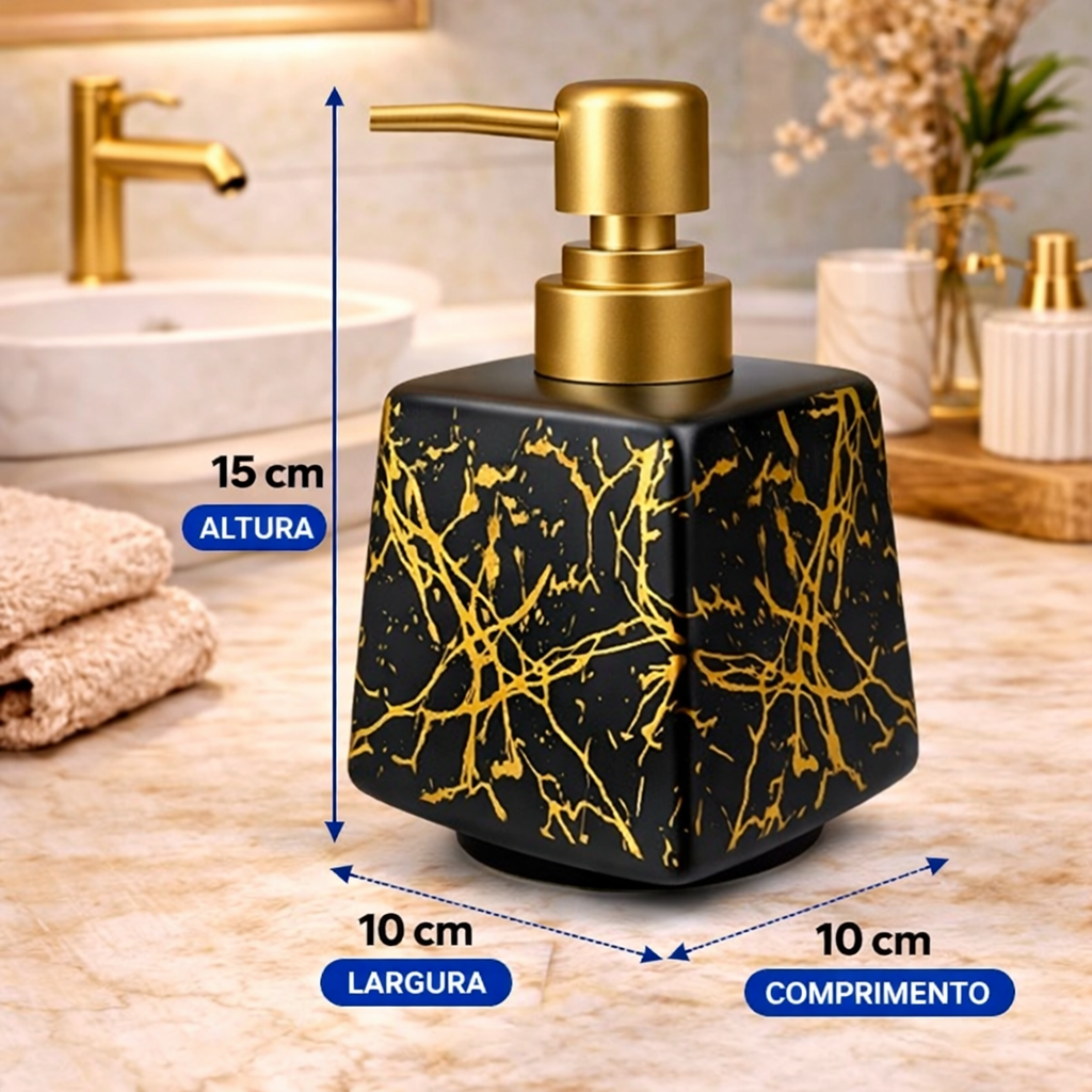 Dispenser de Sabonete Luxo Cerâmico Branco Marmorizado com Tampa Dourada