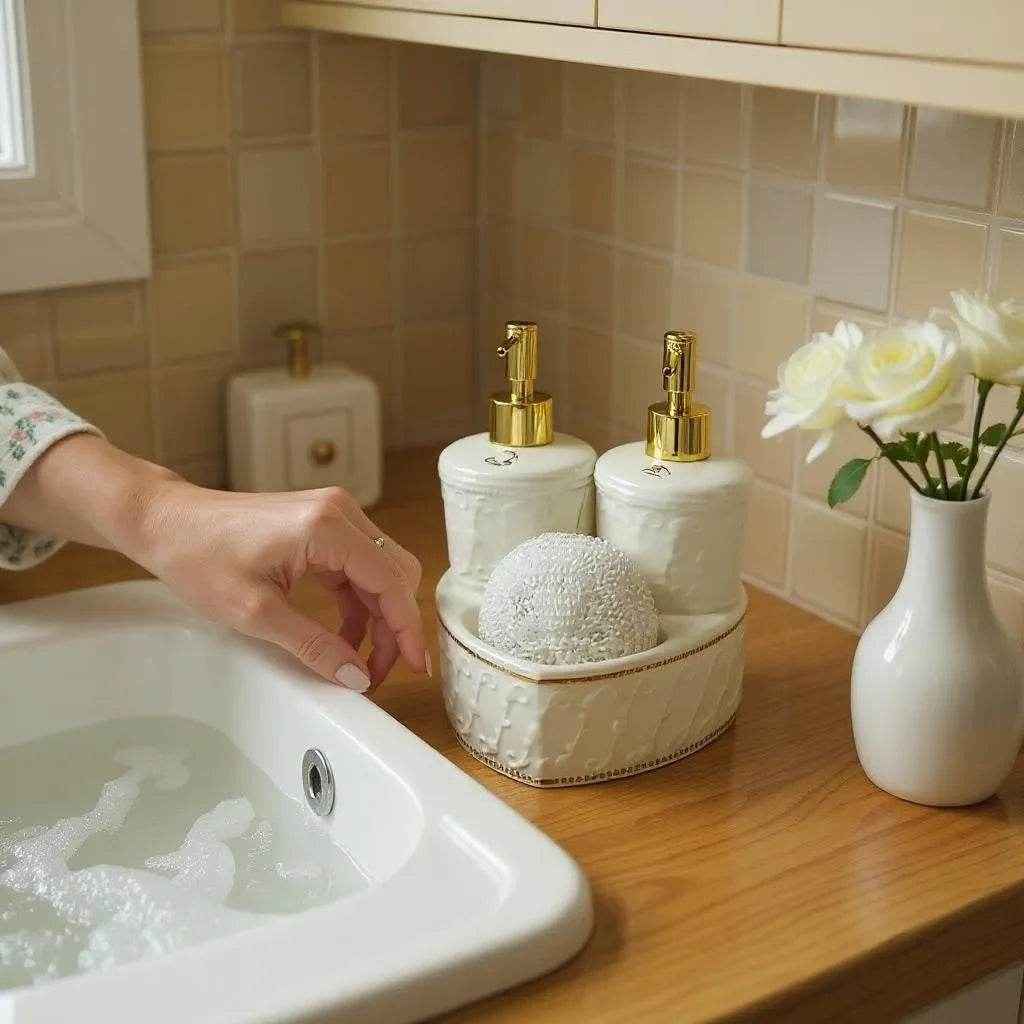 Jogo para Banheiro Cerâmica Branco com Dourado Alidolado - Alidolado