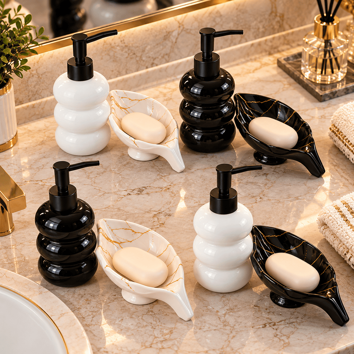 Kit Banheiro Dispenser Vidro Fosco 365ml com Saboneteira Cerâmica Preto ou Branco 2 Peças
