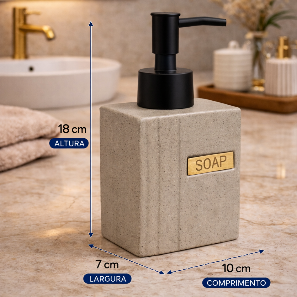 Dispenser de Sabonete Cerâmico Cinza com Tampa Preta e Detalhe em Bambu
