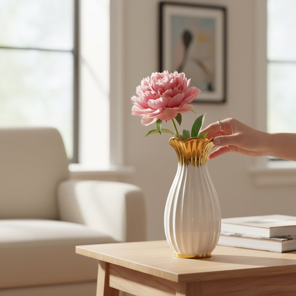 Vaso Decorativo em Cerâmica Branco com Detalhes Dourados