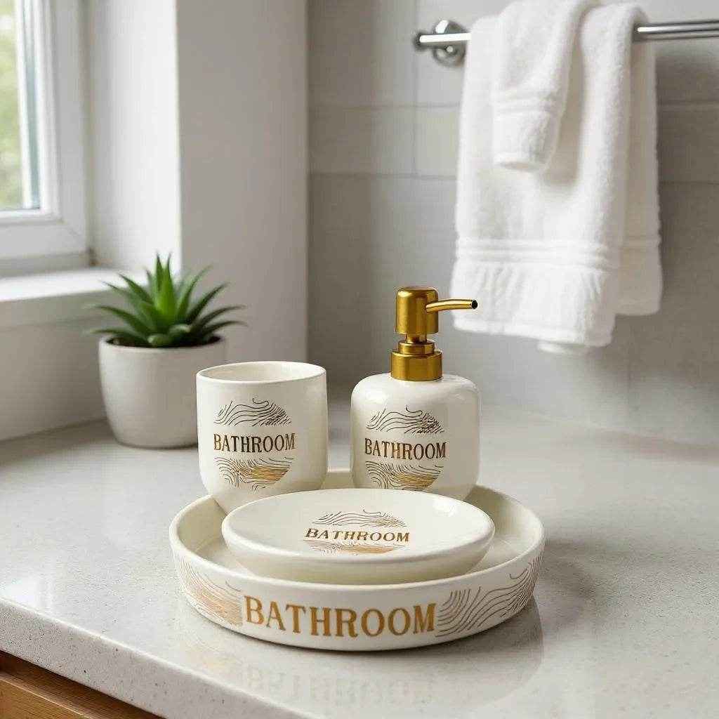 Jogo para Banheiro Cerâmica Branco com Dourado Alidolado - Alidolado