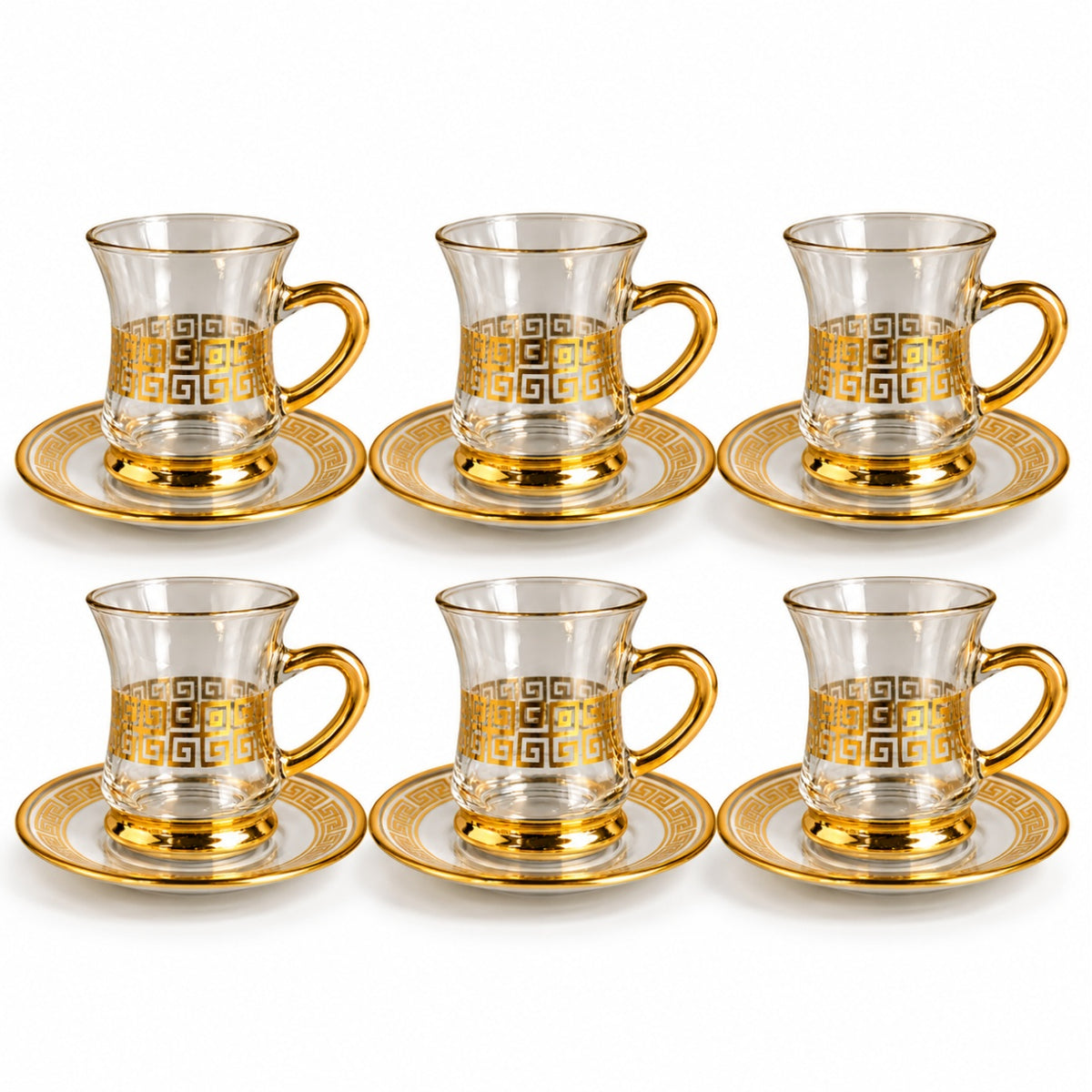 Conjunto de Xícaras Turcas de Vidro com Pires 90ml Borda Dourada Chá e Café Kit 2 a 12 Unidades Modelo Grego