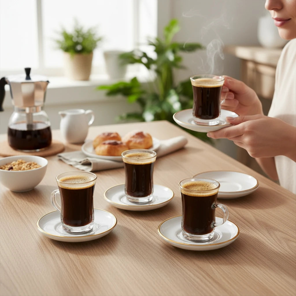 Xícara de Café de Vidro 85ml com Pires e Borda Dourada 12 Peças