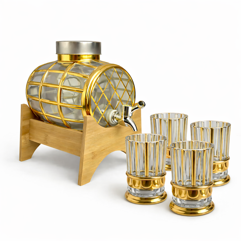 Conjunto Barril Suqueira Filtro 3L Vidro Dourado e 4 Copos 150ml Turco