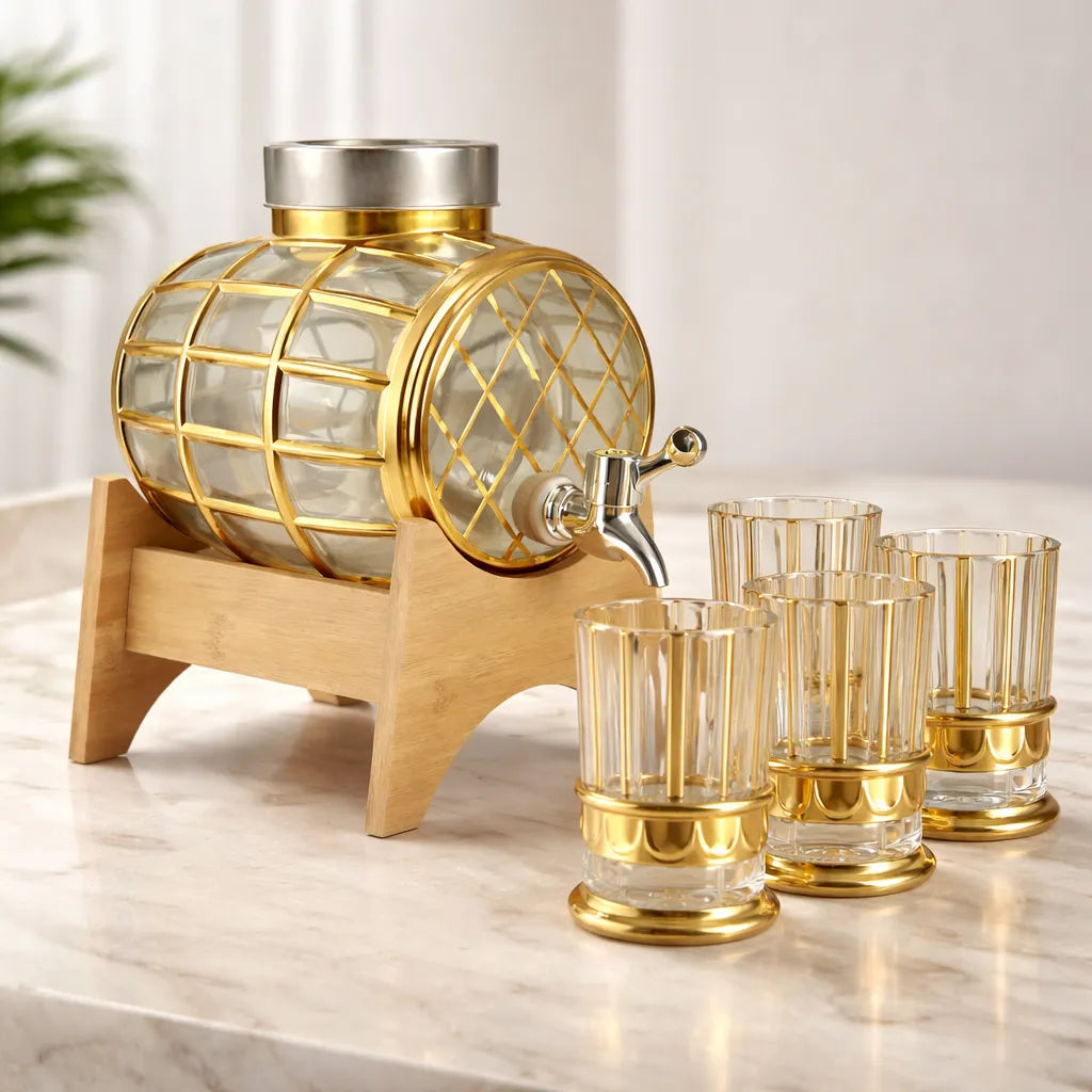 Conjunto Barril Suqueira Filtro 3L Vidro Dourado e 4 Copos 150ml Turco