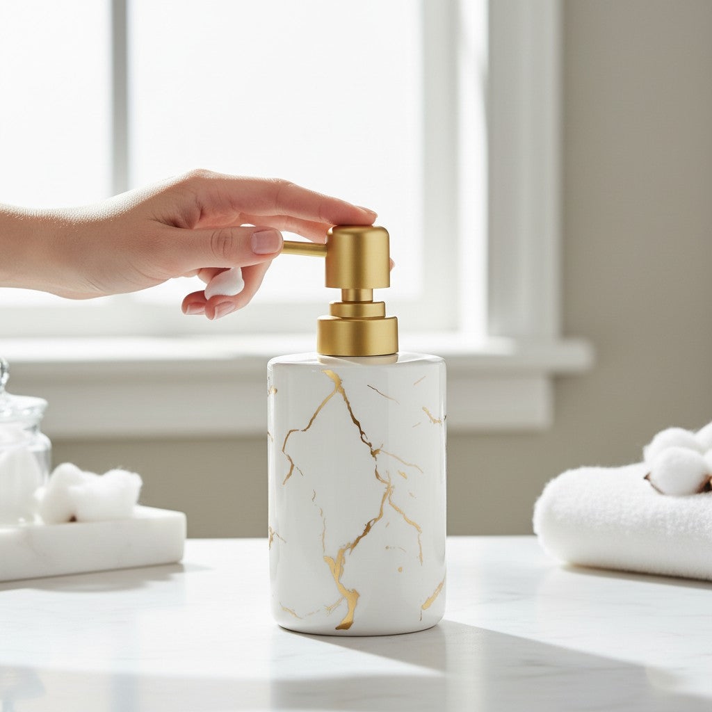 Dispenser de Sabonete Cerâmico Branco Marmorizado com Tampa Dourada