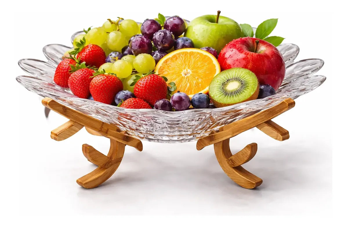 Fruteira de Vidro com Suporte em Bambu