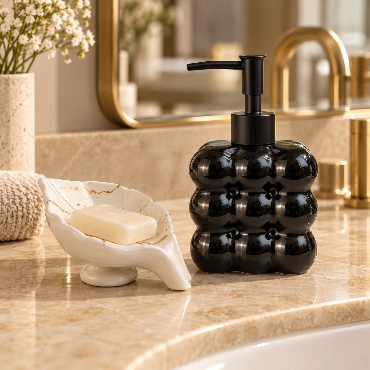 Kit Banheiro Dispenser Vidro Bolha 325ml + Saboneteira Cerâmica Preto ou Branco 2 Peças