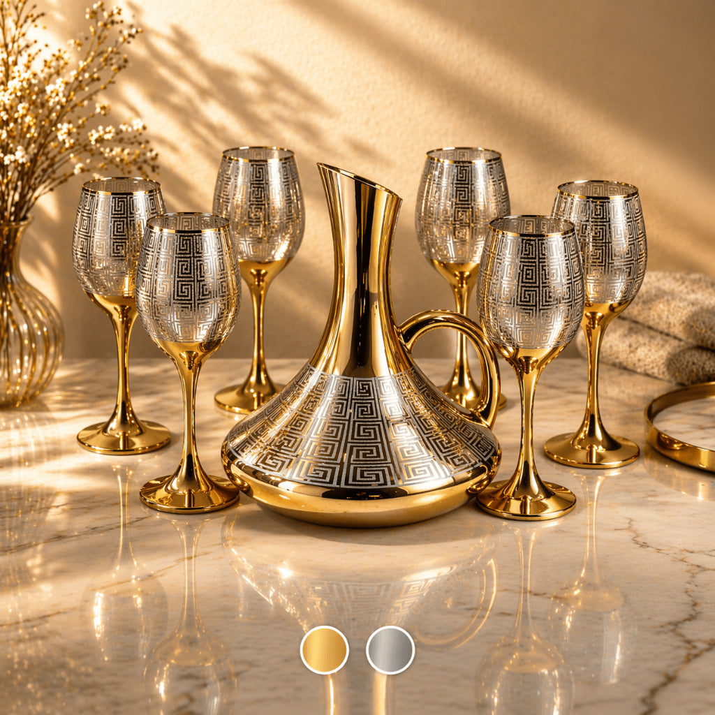 Conjunto Jarra Decanter de Vidro 1,5L Dourado com 6 Taças Decoradas Luxo Diversos Modelos