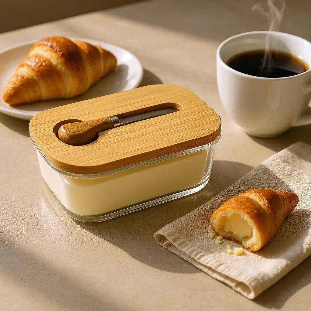 Manteigueira de Vidro com Tampa e Faca de Bambu Alidolado - Alidolado