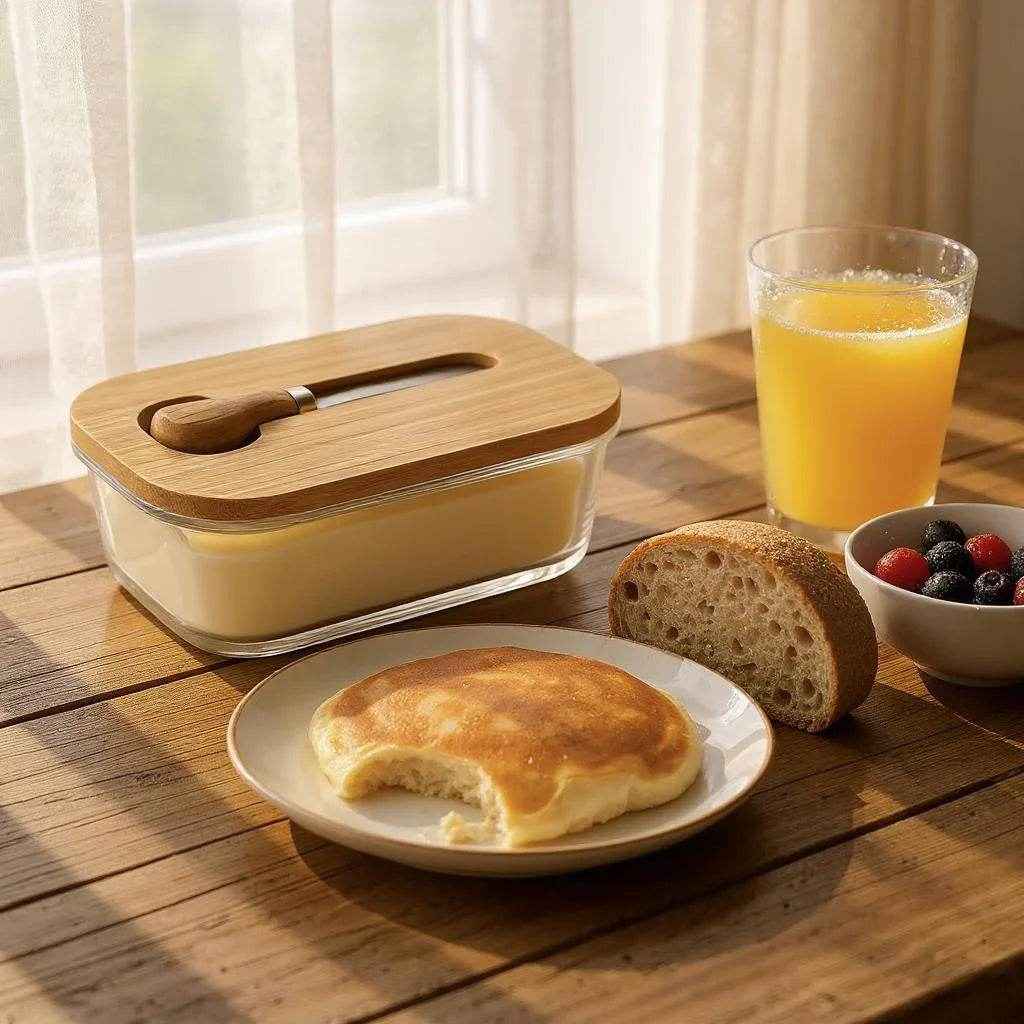 Manteigueira de Vidro com Tampa e Faca de Bambu Alidolado - Alidolado