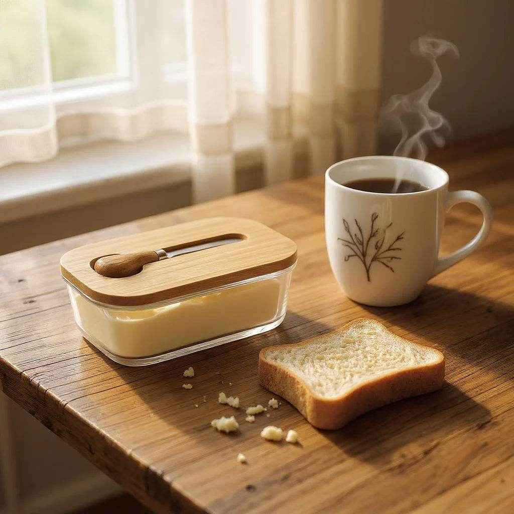 Manteigueira de Vidro com Tampa e Faca de Bambu Alidolado - Alidolado