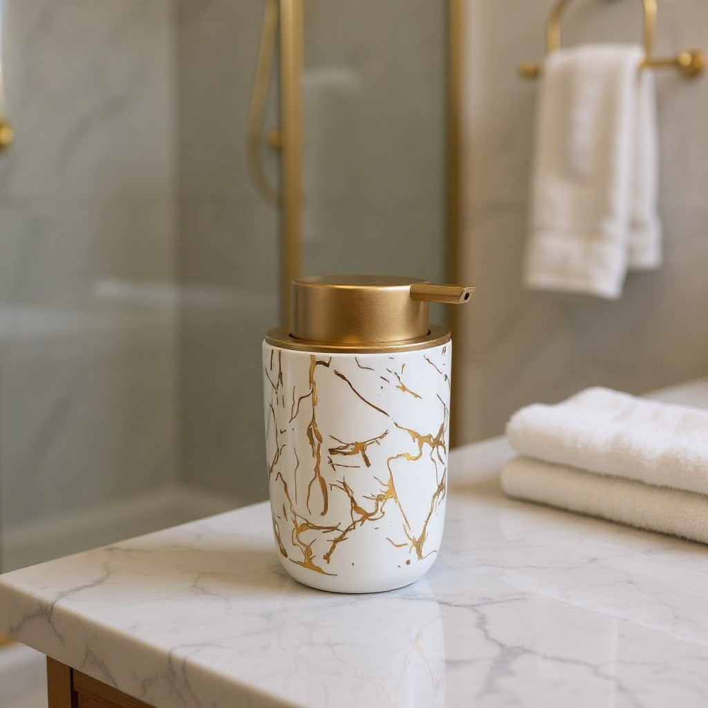 Dispenser de Sabonete Cerâmico Preto/Branco Marmorizado com Tampa Dourada