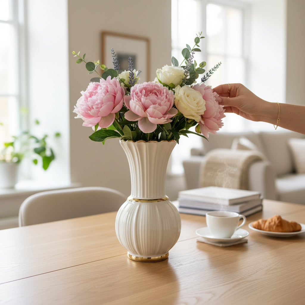 Vaso Decorativo em Cerâmica Branco com Detalhes Dourados