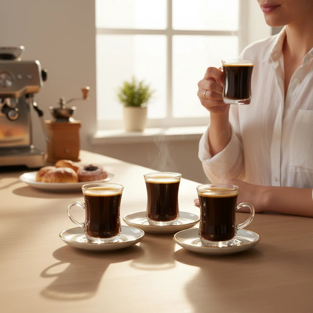 Xícara de Café de Vidro 85ml com Pires e Borda Dourada 12 Peças