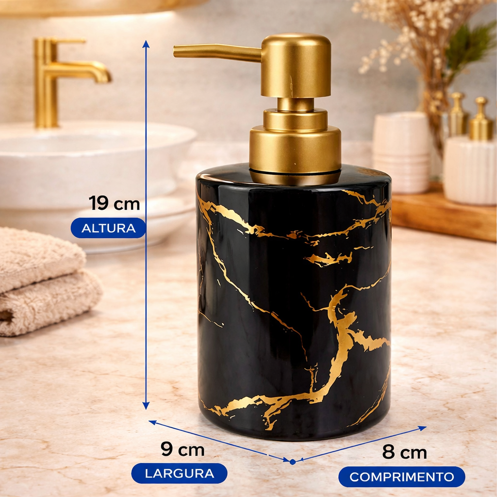 Dispenser de Sabonete Cerâmico Branco Marmorizado com Tampa Dourada