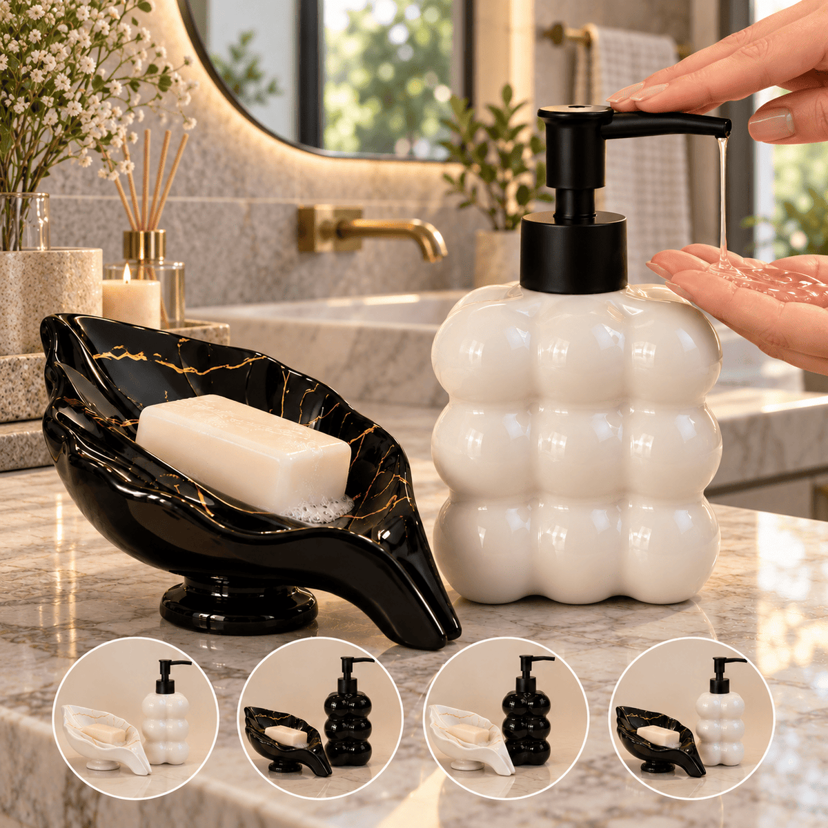 Kit Banheiro Dispenser Vidro Bolha 325ml + Saboneteira Cerâmica Preto ou Branco 2 Peças