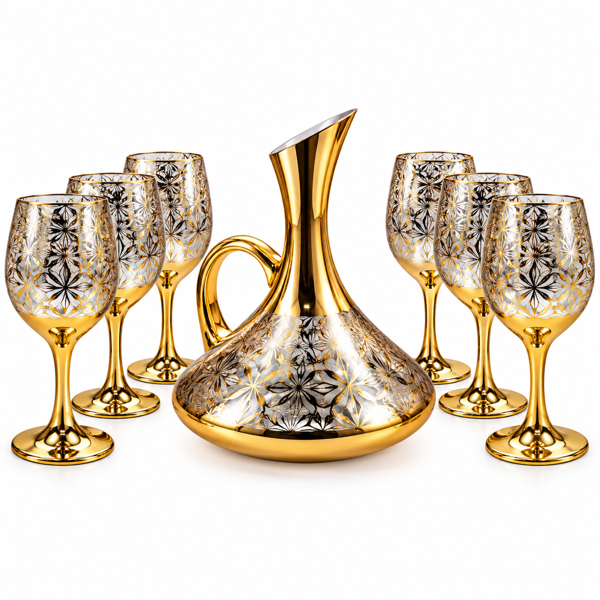 Conjunto Jarra Decanter de Vidro 1,5L Dourado com 6 Taças Decoradas Luxo Diversos Modelos