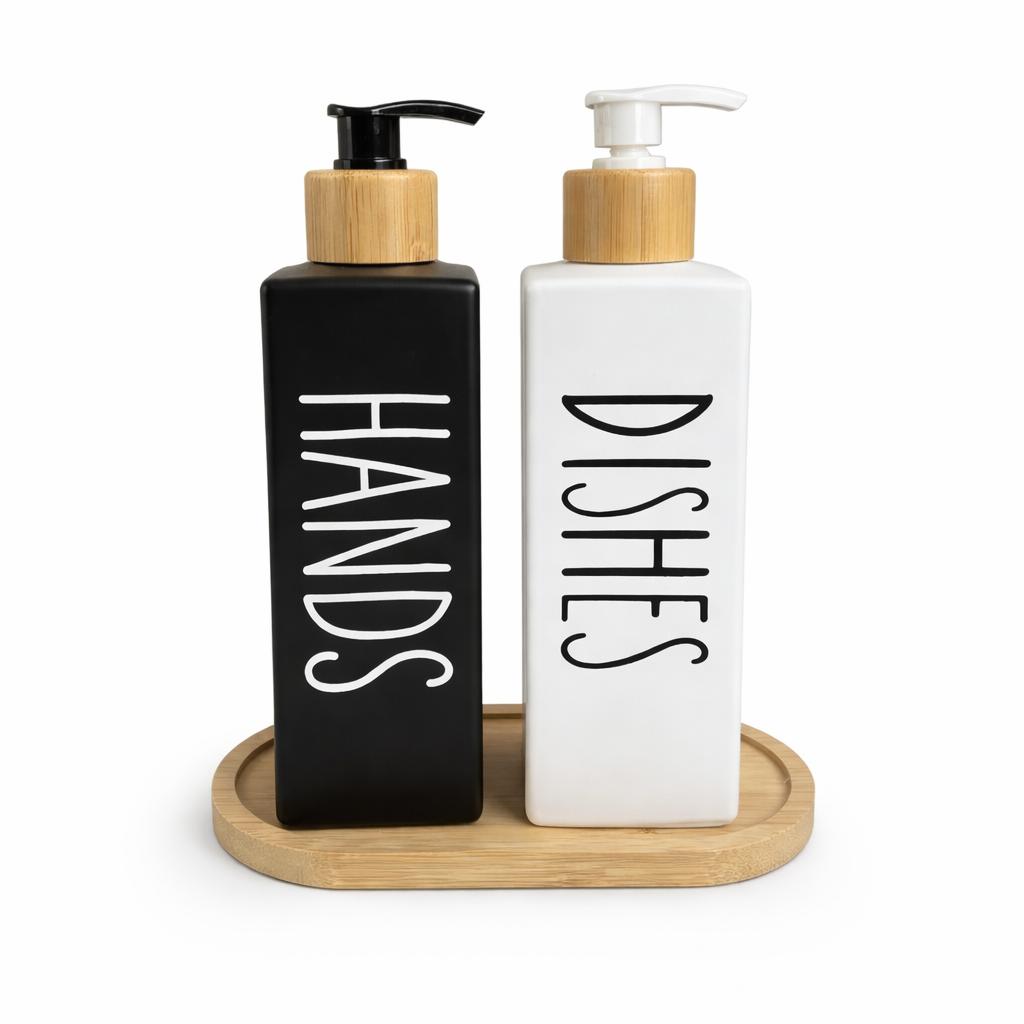Kit Banheiro Minimalista Vidro Preto e Branco com Tampa e Base em Bambu